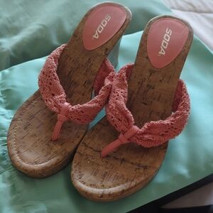 Soda Peach Cork Wedge Sandals Size 10